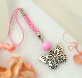 2x Erg leuk mobielhangertje met een vlinder, roze
