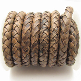 1 x Rol DQ leer rond 4mm gevlochten Flamed Brown per 10 meter