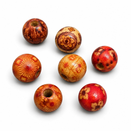 20 x Afrikaanse ronde houten kralen 15 mm – gat ca. 4 mm – met print – mixkleuren
