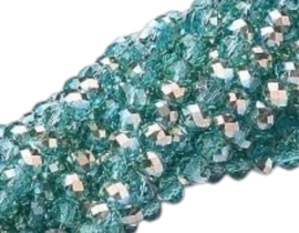 1 x Streng met ca. 100 glaskralen facet rondelle briolette kristal – 6 x 4 mm – gat 1 mm – Teal AB Plated