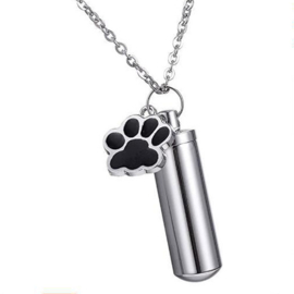 201 RVS Gedenk hanger mini urn 18 x 6mm met bedel dieren pootje 15,3x14,8mm  incl. RVS ketting 54cm