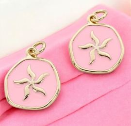Bedel roze emaille met zeester, 18K Gold plated 16,5 x 14,5 x 2,5mm oogje 3,5mm