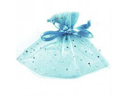 c.a. 100 organza zakjes 7x9cm turquoise met zilveren stippen