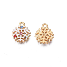 1 x  Bedel metaal emaille sneeuwvlok wit met zirkonia steentjes ca. 16x13mm (Ø1,8mm) (Nikkelvrij)