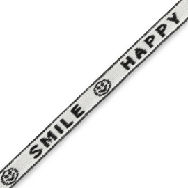 1 meter festival tekst lint  met tekst "happy smile" White-black 10mm