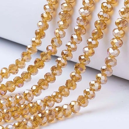1 x Streng met ca. 95 glaskralen facet rondelle briolette kristal – 6 x 4 mm – gat 1 mm – Dark Goldenrod AB Plated