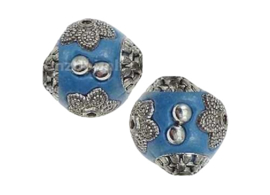 Bohemian kraal of Kashmiri kraal blauw met zilver, 17 mm, gat 1,2 mm