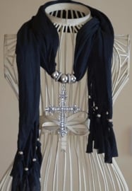 Schitterende Polyester Katoen bedel sjaal zwart met metalen groot Kruis hanger met strass 