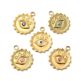 1 x RVS 304 Ion Plating (ip) ronde bedel met evil eye, 18K Gold plated 21,5 x 18 x 2mm oogje 2,5mm