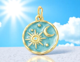 Bedel medium Turquoise emaille met zon en maan, 18K Gold plated 15 x 13 x 2mm oogje 3,4mm