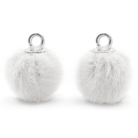 2 x Pompom bedels met oog faux fur 12mm White-silver