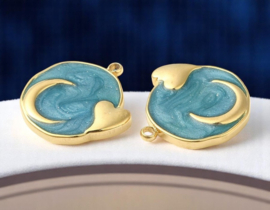 1 x RVS 304  Bedel rond maan en hartje Cadet Blue, 18K goldplated 17,5 x 17 x 2mm oogje: 1,4mm