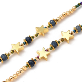 1 x RVS brillenkoord met jade kralen 700 mm – teal / goudkleur
