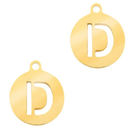 Roestvrij stalen (RVS) Stainless steel bedel rond 10mm initial coin D Goudkleur