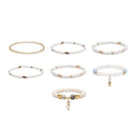 1 x Set van 7 armbandjes met elastiek natuurlijk geverfde Maleisische jade & agaat & glazen rocailles.