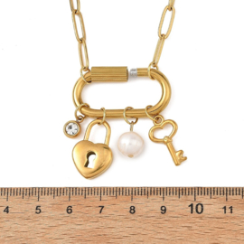 1 x RVS 304 paperclip schakelketting met sleutel- en slotbedel en natuurlijke zoetwaterparel 455 mm – goudkleur