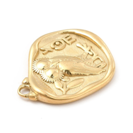 1 x Ion Plating (IP) RVS 304 Atheense Tetradrachme Munt Bedeltjes uil  Goud kleur, 18 x 22 x 2,5mm oogje 1,5mm