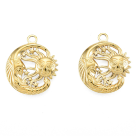 1 x Ion Plating (IP) RVS 201 Maan, zon sterren Bedeltje Real 18K Gold Plated, 23,5 x 20 x 2,5mm, Oogje: 2mm