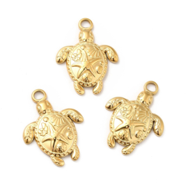 1 x Ion Plating (IP) RVS 201 Schildpad Bedeltje Real 18K Gold Plated, 23,5 x 18x 3mm, Oogje: 3mm