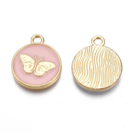 2 x Bedel emaille roze rond vlinder, licht goud kleur 18 x 15 x 2 oogje 2mm (Nikkelvrij)