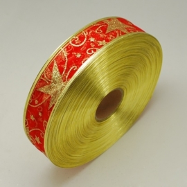 1 meter organza lint met goud glitter rood 38mm ster met metaaldraad