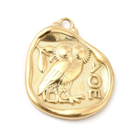 1 x Ion Plating (IP) RVS 304 Atheense Tetradrachme Munt Bedeltjes uil  Goud kleur, 18 x 22 x 2,5mm oogje 1,5mm