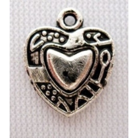 10x Tibetaans zilveren bedel van een hart 15 x 13mm