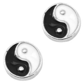 2 x Floating Charms yin yang Antiek zilver-zwart wit 8 mm