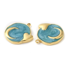 1 x RVS 304  Bedel rond maan en hartje Cadet Blue, 18K goldplated 17,5 x 17 x 2mm oogje: 1,4mm