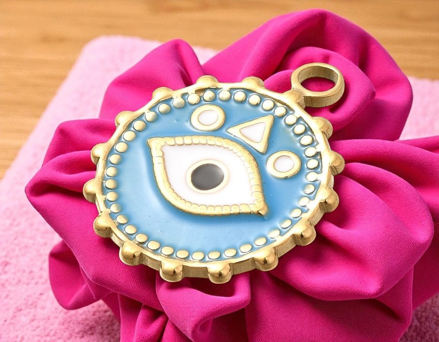 1 x RVS 304 Ion Plating (ip) ronde bedel met evil eye blauw, goud kleur 21,5 x 18 x 2mm oogje 2,5mm