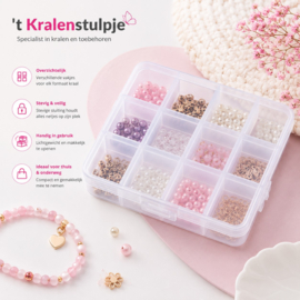 1 x Kunststof kralendoosje sorteerdoos 13,6 x 10 x 1,8 cm – 12 vakjes – transparant