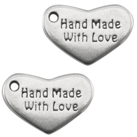 Bedels DQ hart "hand made with love" antiek zilver 10 x 15mm ♥