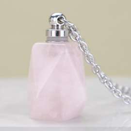 Gedenk hanger mini urn van edelsteen Rose Quartz met RVS ketting