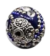 Bohemian kraal of Kashmiri kraal donker blauw met zilver, 15 mm, gat 1,2 mm
