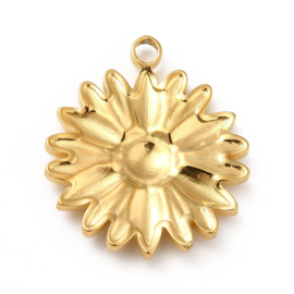 1 x Ion Plating (IP) RVS 304 Zon of bloem Bedeltje Real 18K Gold Plated, 25,5 x 22 x 3mm, oogje: 2.5mm
