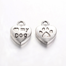 10 x antiek zilveren bedeltje "love my dog" 13 x 10 x 3mm zilver oogje: 2mm ♥ (Nikkelvrij)