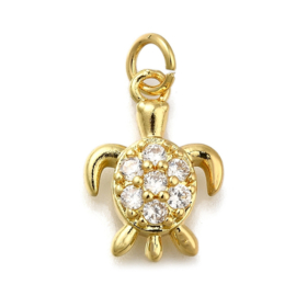Metalen schildpad bedeltje met strass, duurame plating 18K gold plated 16 x 11,5 x 3,5mm ring:  5 x 0,8mm
