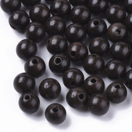 30 x Houten kraal  6mm kleur: zwart gat: 1,4mm