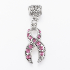 European style Pink Ribbon bedeltje met roze strass steentjes 37mm lang oogje: 4mm ♥