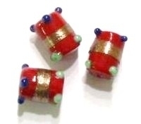 3 x Glaskraal India rood met pukkels en goudrand 14 mm