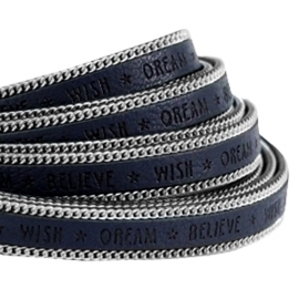 20 cm  Quote imi leer 10mm met schakelketting zilver - Wish dream believe - Dark midnight blue ♥