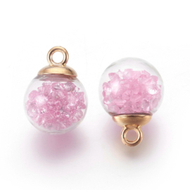 2 x Transparante Glazen Bal Charms, mini kerstballetje 16mm oogje: 2,2mm transparant  Roze