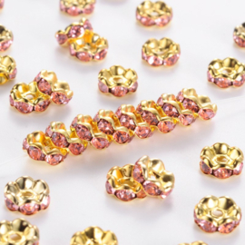 25 x Metalen Kristal Rondellen goudkleur 8 x 3,8mm gat: 1,5mm Roze (Nikkelvrij)