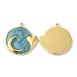 1 x RVS 304  Bedel rond maan en hartje Cadet Blue, 18K goldplated 17,5 x 17 x 2mm oogje: 1,4mm