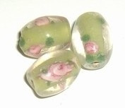 5 x Glaskraal ovaal 12x10mm transparant lime kern en roze bloem