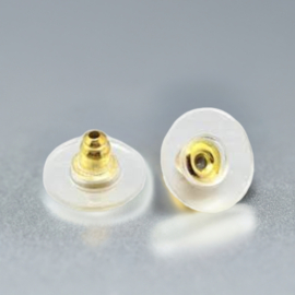 10 x vergulde achterkantjes stoppers voor oorbellen met plastic gedeelte 12mm Ø 7mm dik, gat: 1mm