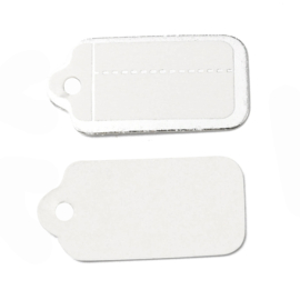 100 x Prijslabeltjes rechthoek 25,5 x 13 mm – koord ca. 10,1 cm – wit met zilverkleurig randje