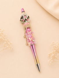 1 x Handgemaakte luxe kralenpen met bloemen, vlinders, strass en ster ca. 14 cm – roze