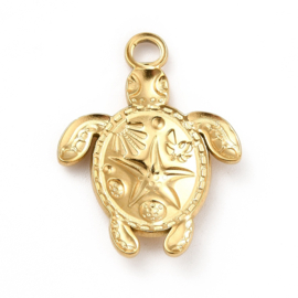1 x Ion Plating (IP) RVS 201 Schildpad Bedeltje Real 18K Gold Plated, 23,5 x 18x 3mm, Oogje: 3mm