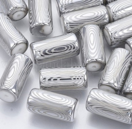 5 x Cilinder glaskralen 20 x 10 mm – gat 1,2 mm – zilverkleur